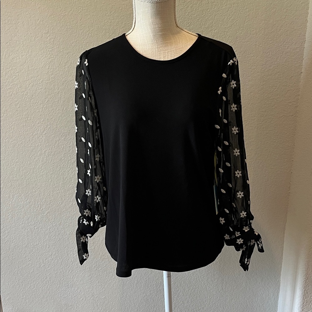 CeCe Black Top with Sheer Floral Sleeves